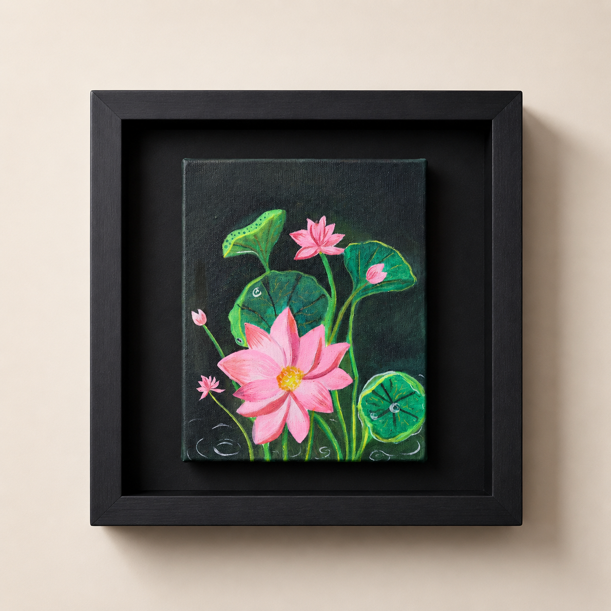 Midnight Blossom: Framed Lotus Acrylic Painting